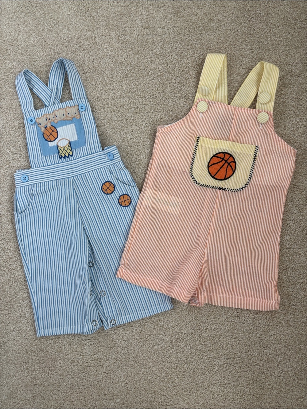 Pair of seersucker basketball themed infant rompers, size 3-6mo